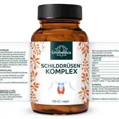 Unimedica Schilddrüsen Komplex Kapseln mit Selen, Jod und Vitaminen. Hinweise zu Selen und mögliche Nebenwirkungen sind auf dem Etikett zu finden.