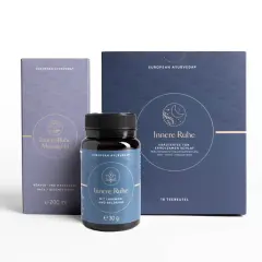 Europäische Ayurveda-Produkte für innere Ruhe, die bei Depressionen helfen können: Massageöl und Kräutertee mit Lavendel & Baldrian.