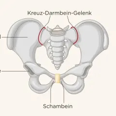 Beckenknochen mit Beschriftungen: Beckenschaufel, Hüftpfanne, Kreuz-Darmbein-Gelenk und Schambein. Einrenken ist hier wichtig.