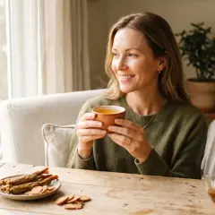Frau genießt Ginseng-Tee am Fenster. Die positive ginseng wirkung bei frauen wird durch ihr Lächeln unterstrichen.
