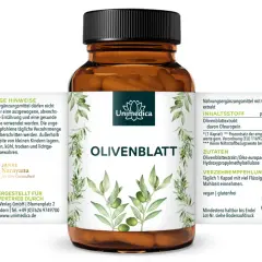 Flasche mit Olivenblattextrakt-Kapseln. Die Wirkung von Olivenblattextrakt wird hervorgehoben. Enthält 137g, 180 Kapseln.