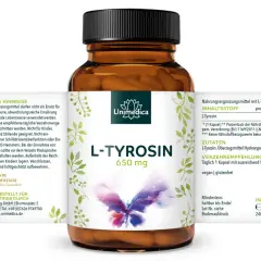 Flasche mit L-Tyrosin 650 mg Kapseln von Unimedica. Enthält L-Tyrosin für Ihre Gesundheit.