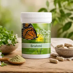 Brahmi-Kapseln und Pulver neben frischen Pflanzen. Die Brahmi Wirkung wird hier auf natürliche Weise präsentiert.