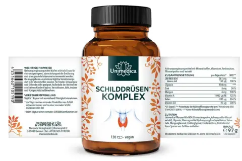 Unimedica Schilddrüsen Komplex Kapseln mit Selen, Jod und Vitaminen. Hinweise zu Selen und mögliche Nebenwirkungen sind auf dem Etikett zu finden.