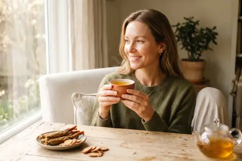 Frau genießt Ginseng-Tee am Fenster. Die positive ginseng wirkung bei frauen wird durch ihr Lächeln unterstrichen.