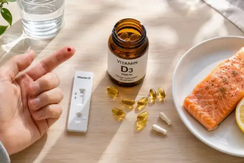 Vitamin D-Test mit Blutstropfen, Kapseln und Lachs. Vorsicht bei zu viel Vitamin D3, Nebenwirkungen sind möglich.