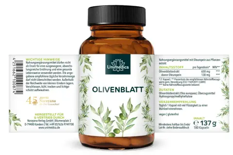 Flasche mit Olivenblattextrakt-Kapseln. Die Wirkung von Olivenblattextrakt wird hervorgehoben. Enthält 137g, 180 Kapseln.
