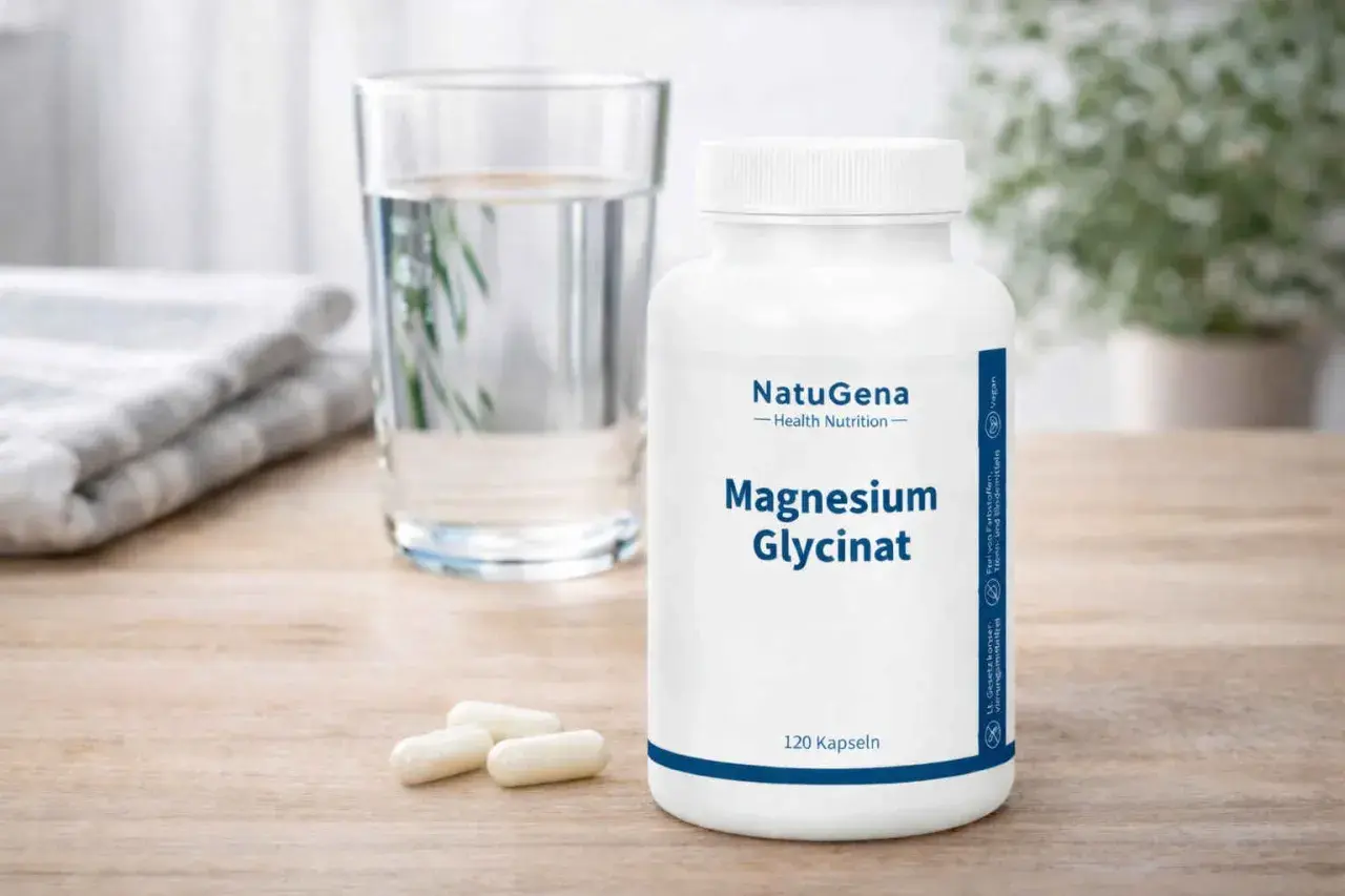 Flasche NatuGena Magnesium Glycinat neben einem Glas Wasser. Die positive magnesium bisglycinat wirkung für den Körper wird hier symbolisch dargestellt.