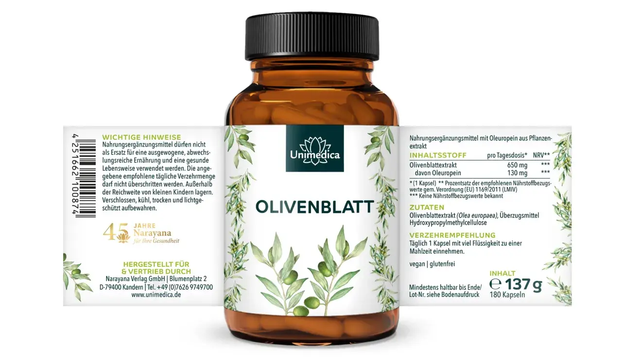Flasche mit Olivenblattextrakt-Kapseln. Die Wirkung von Olivenblattextrakt wird hervorgehoben. Enthält 137g, 180 Kapseln.