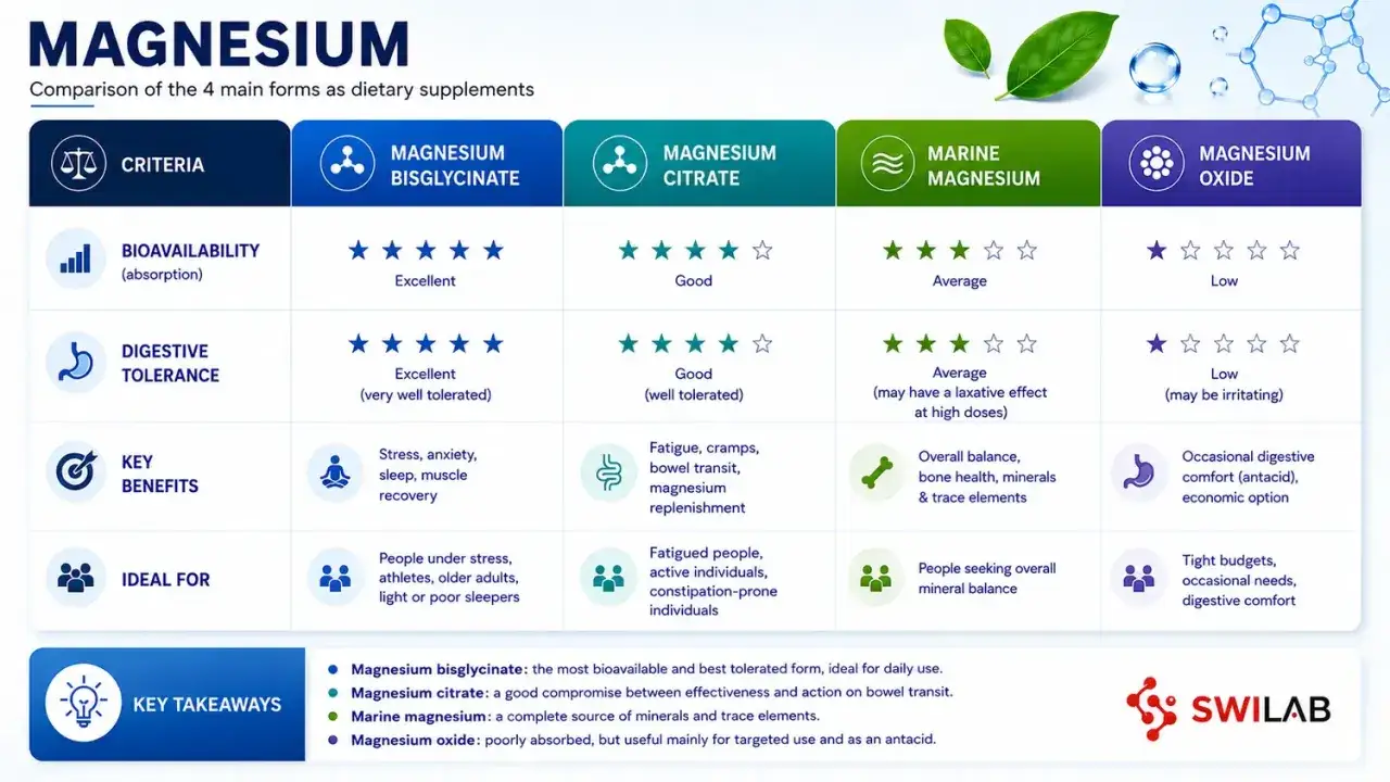 Vergleich von Magnesiumformen: Magnesiumbisglycinat bietet exzellente Wirkung, Bioverfügbarkeit und Verträglichkeit für Stress, Schlaf & Muskeln.