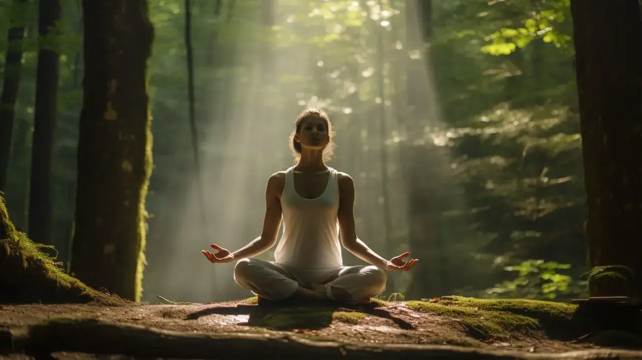 Frau meditiert im Wald. Sonnenstrahlen durchbrechen das Blätterdach. Ein Bild der Ruhe, das Hoffnung bei Ayurveda Depression schenkt.