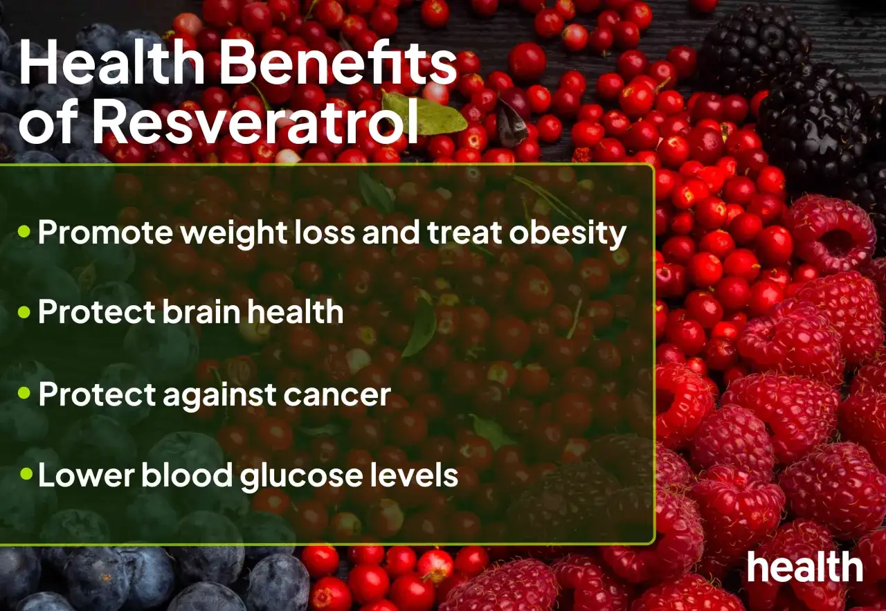 Gesundheitliche Vorteile von Resveratrol: Gewichtsverlust, Gehirnschutz, Krebsprävention, Blutzuckersenkung.