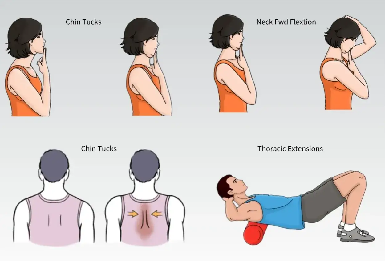 Übungen für das Nacken einrenken selber: Kinn-Tucks, Nackenbeugung und Thorax-Extension mit Schaumstoffrolle.